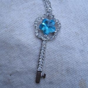 Blue Flower Silver Key Pendant Necklace CZ Sets